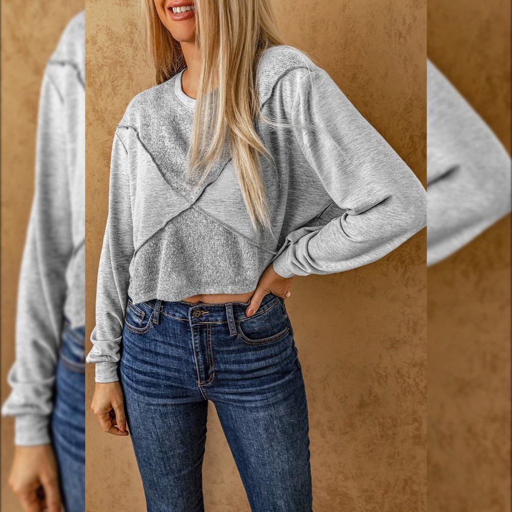 Gray Expose Seam Knitted Patchwork Cropped Top